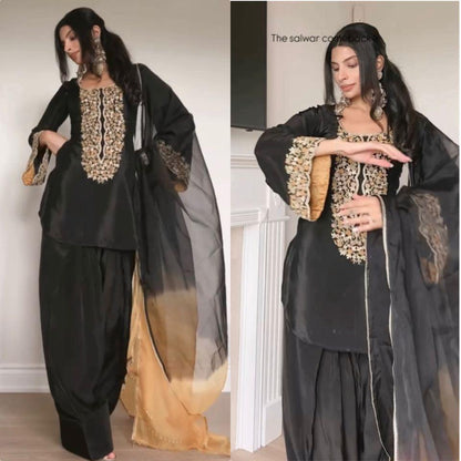 Black Designer Party Wear Embroidered Top with Farshi Palazzo & Organza Dupatta