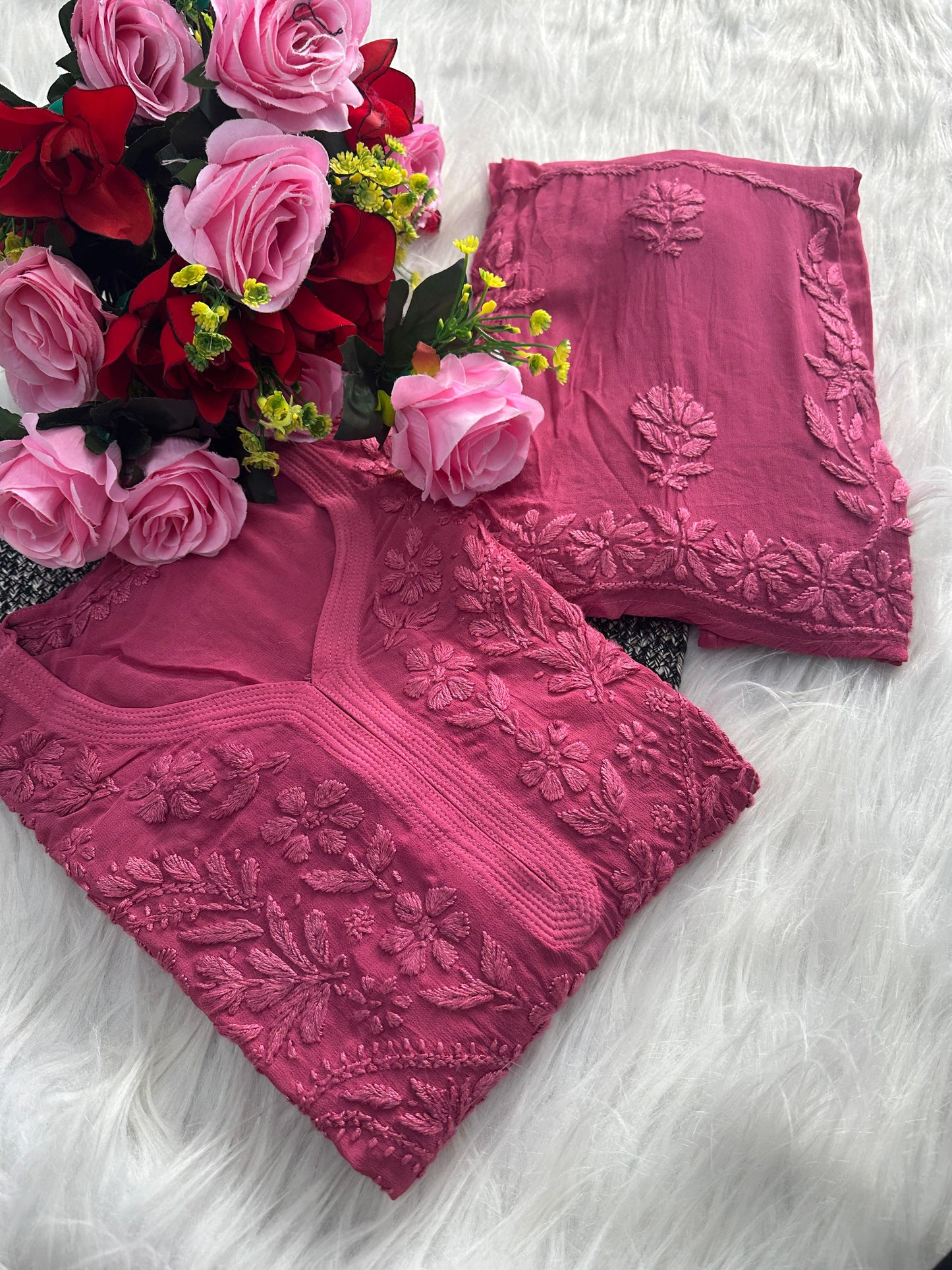 Dusty Pink Premium Lucknawi Chikankari Handwork Viscose Kurti & Palazzo Set