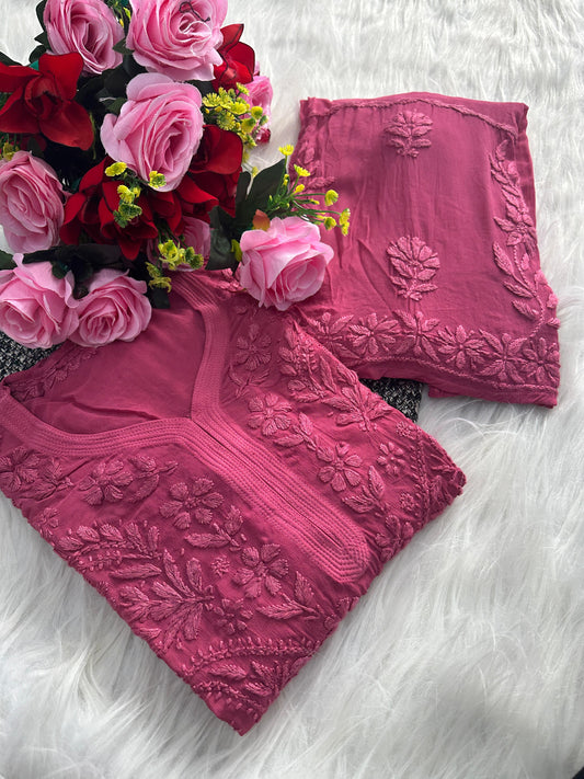 Dusty Pink Premium Lucknawi Chikankari Handwork Viscose Kurti & Palazzo Set