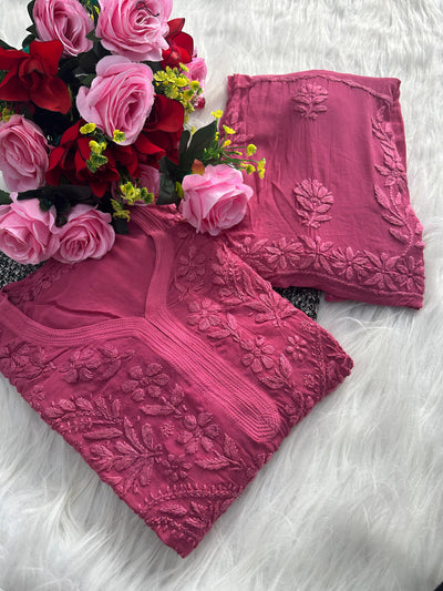 Dusty Pink Premium Lucknawi Chikankari Handwork Viscose Kurti & Palazzo Set