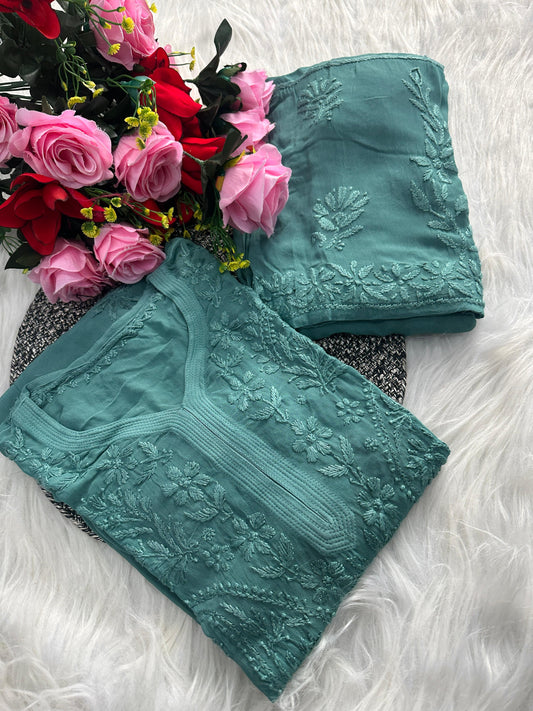 Teal Green Premium Lucknawi Chikankari Handwork Viscose Kurti & Palazzo Set
