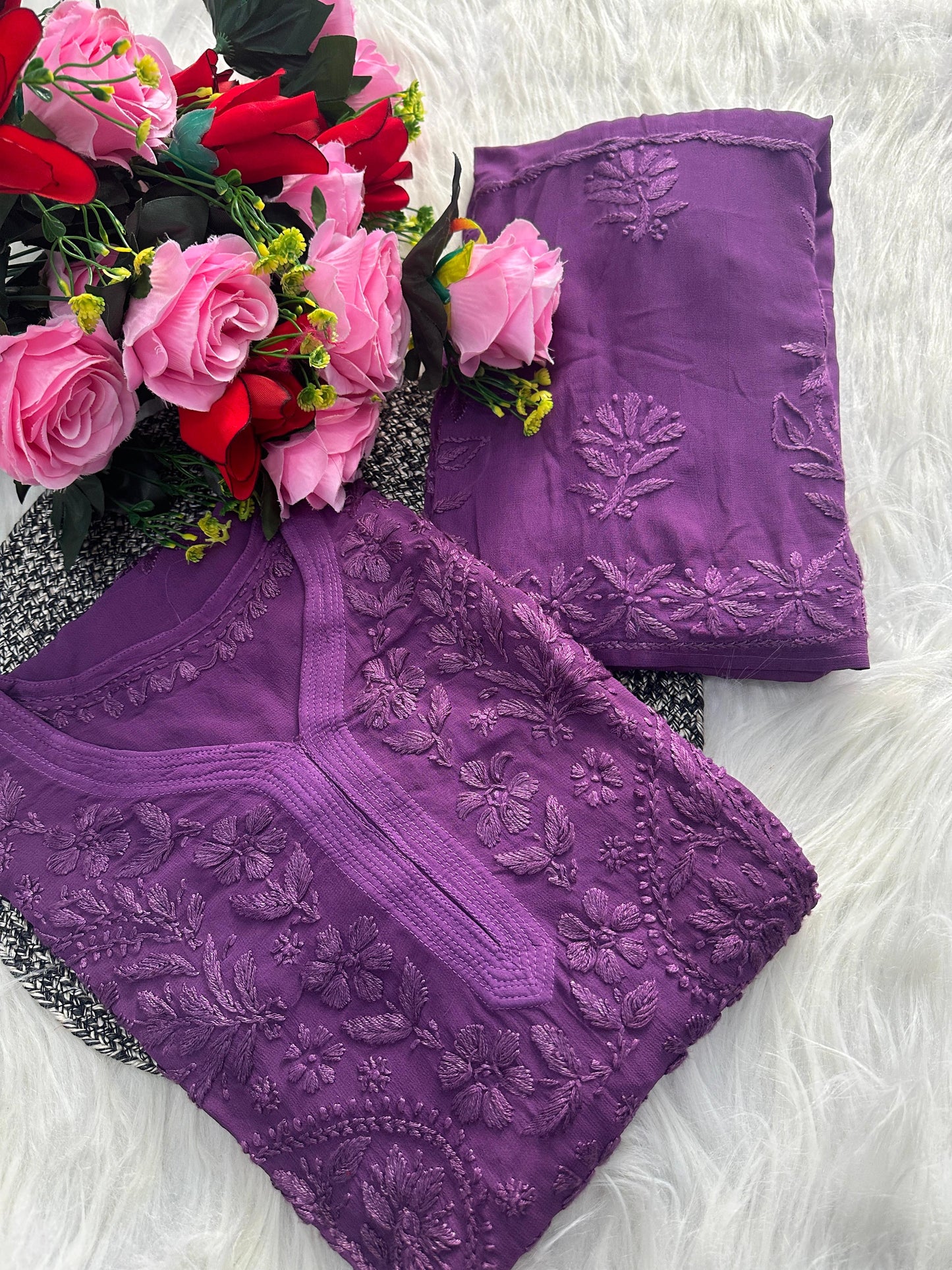 Purple Premium Lucknawi Chikankari Handwork Viscose Kurti & Palazzo Set