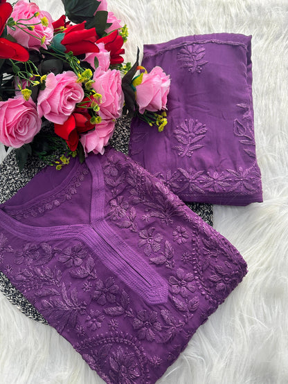 Purple Premium Lucknawi Chikankari Handwork Viscose Kurti & Palazzo Set
