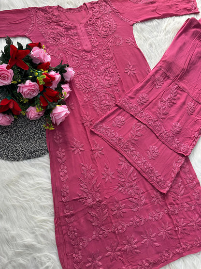 Dusty Pink Premium Lucknawi Chikankari Handwork Viscose Kurti & Palazzo Set