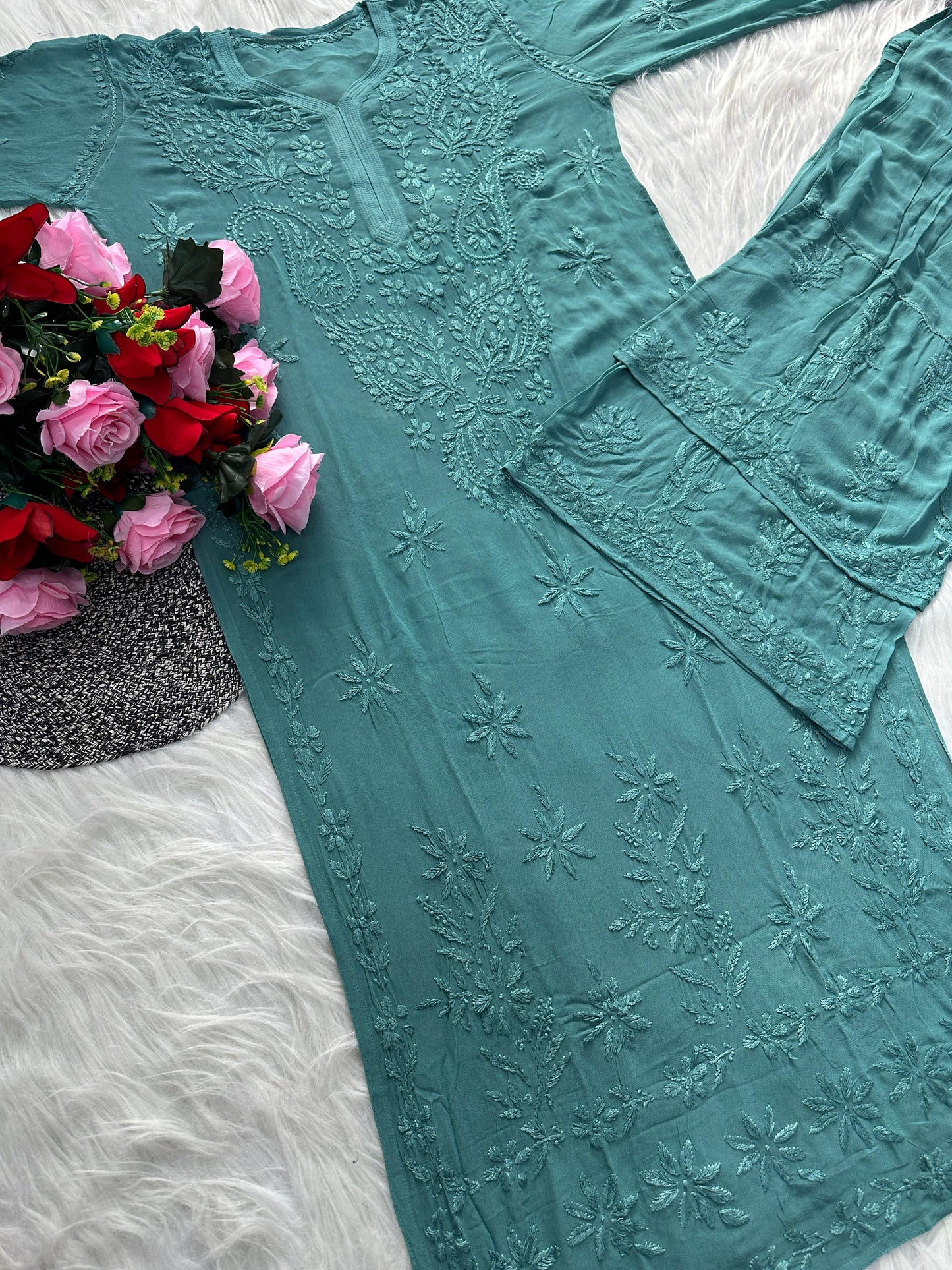 Teal Green Premium Lucknawi Chikankari Handwork Viscose Kurti & Palazzo Set
