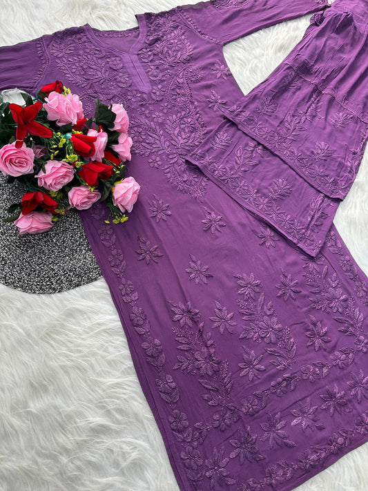 Purple Premium Lucknawi Chikankari Handwork Viscose Kurti & Palazzo Set