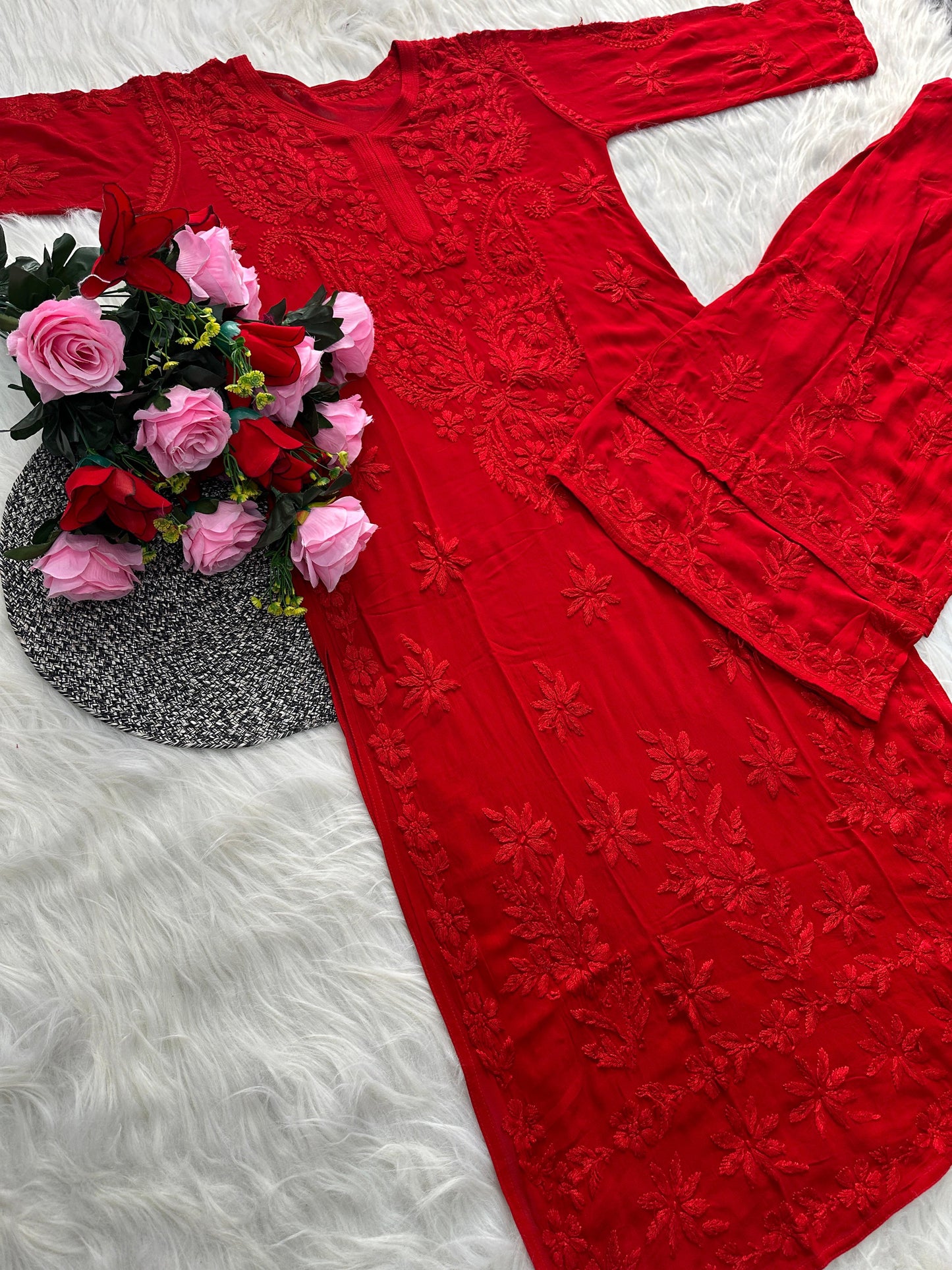 Deep Red Premium Lucknawi Chikankari Handwork Viscose Kurti & Palazzo Set