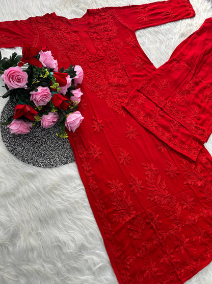 Deep Red Premium Lucknawi Chikankari Handwork Viscose Kurti & Palazzo Set
