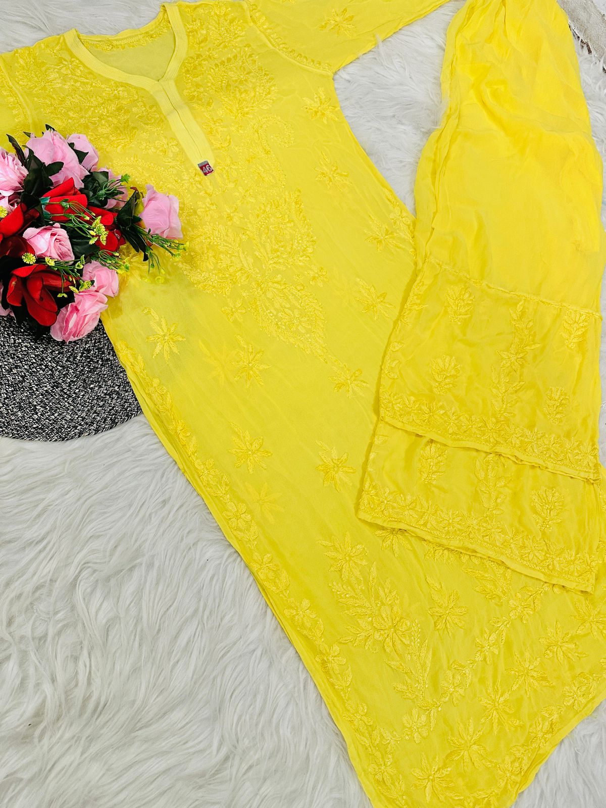 Yellow Premium Lucknawi Chikankari Handwork Viscose Kurti & Palazzo Set