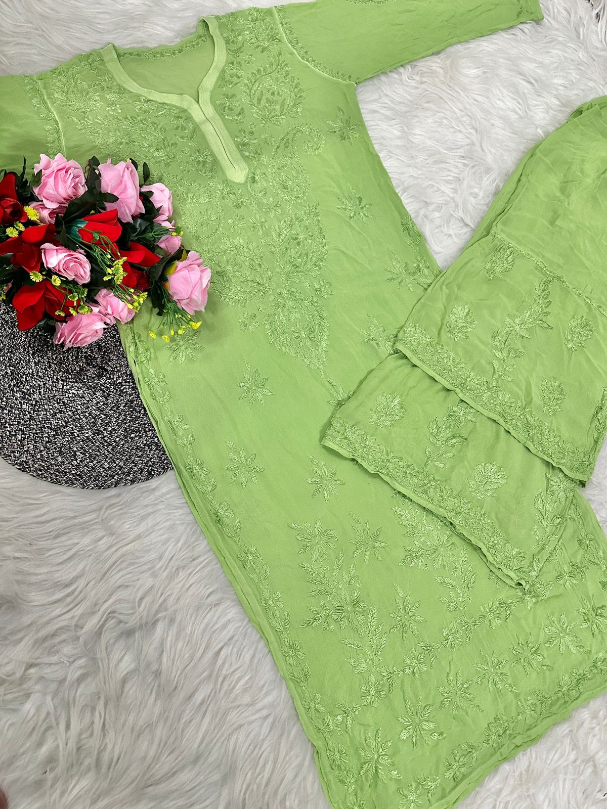 Lime Green Premium Lucknawi Chikankari Handwork Viscose Kurti & Palazzo Set