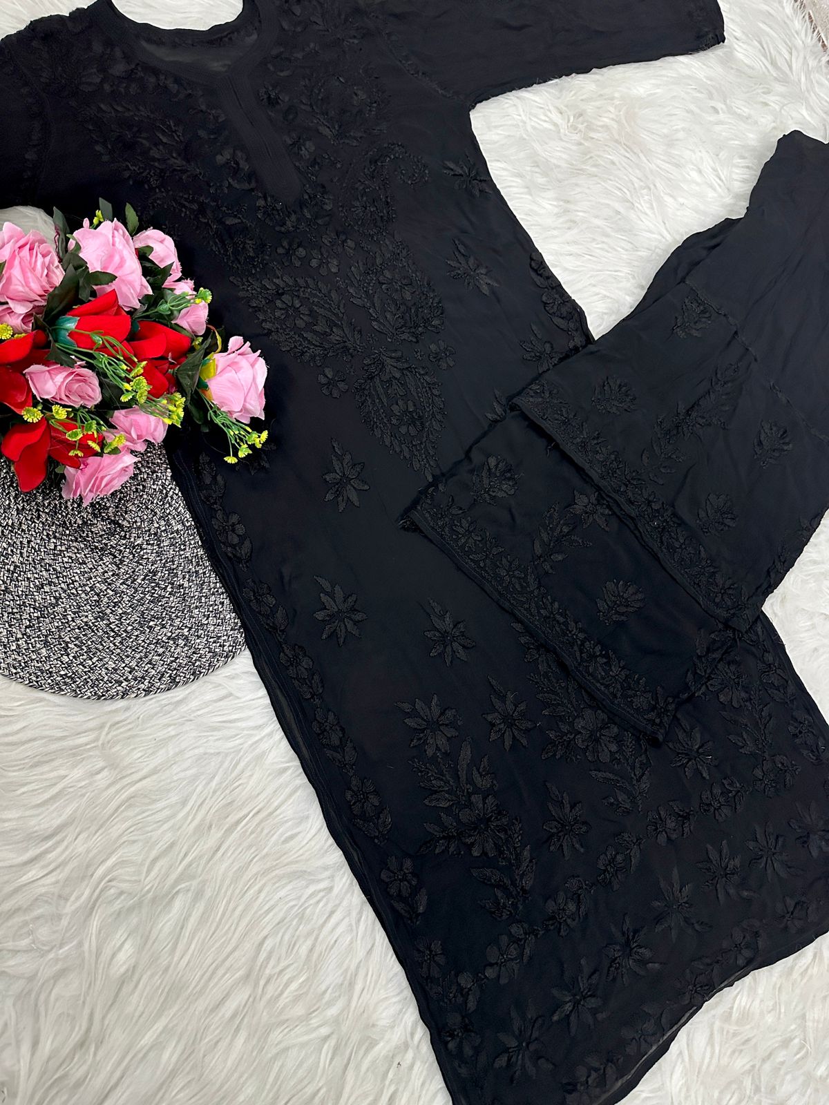 Black Premium Lucknawi Chikankari Handwork Viscose Kurti & Palazzo Set