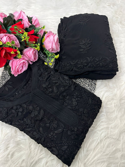 Black Premium Lucknawi Chikankari Handwork Viscose Kurti & Palazzo Set