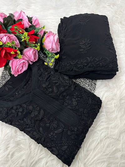 Black Premium Lucknawi Chikankari Handwork Viscose Kurti & Palazzo Set