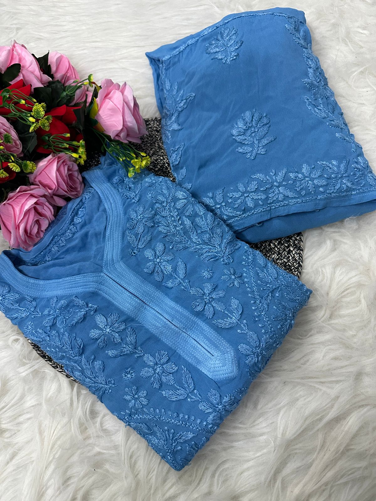 Blue Premium Lucknawi Chikankari Handwork Viscose Kurti & Palazzo Set