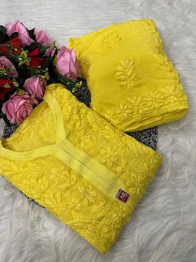 Yellow Premium Lucknawi Chikankari Handwork Viscose Kurti & Palazzo Set