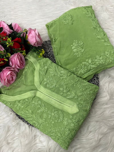 Lime Green Premium Lucknawi Chikankari Handwork Viscose Kurti & Palazzo Set