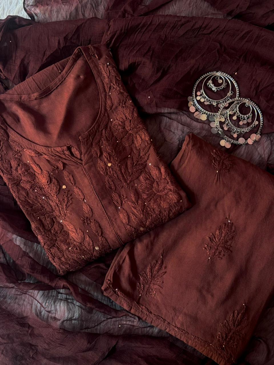 Dark Brown Handcrafted Lucknowi Chikankari & Mukaish Work Rayon Set
