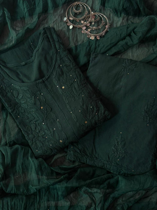 Dark Green Handcrafted Lucknowi Chikankari & Mukaish Work Rayon Set