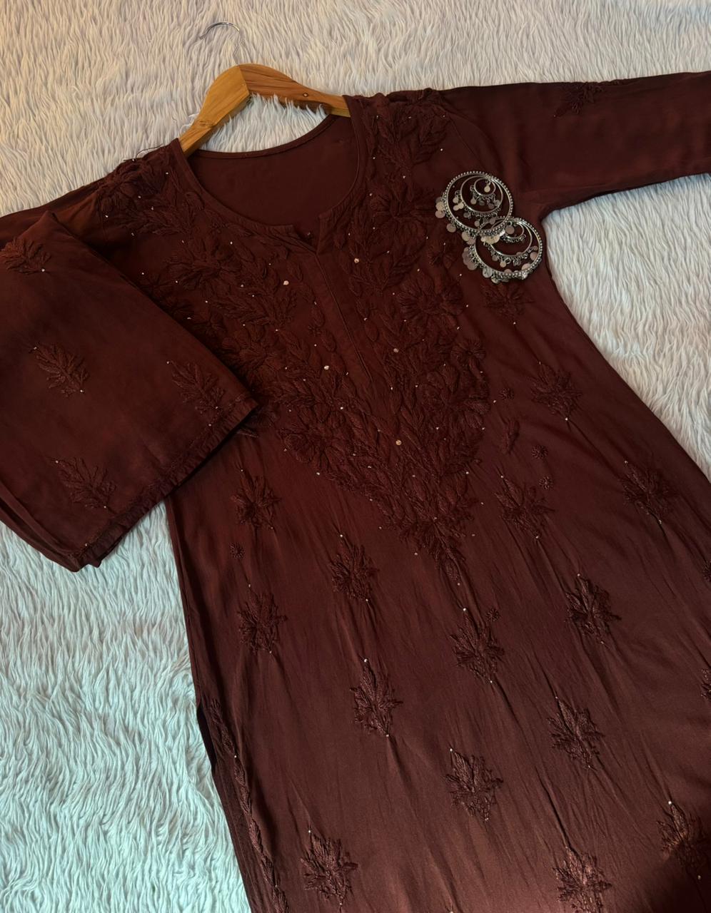 Dark Brown Handcrafted Lucknowi Chikankari & Mukaish Work Rayon Set