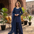 Deep Blue Natural Crepe Farshi Salwar Suit Set with Organza Silk Dupatta