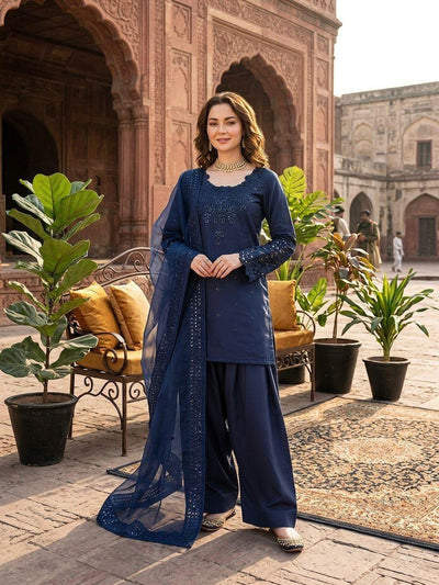 Deep Blue Natural Crepe Farshi Salwar Suit Set with Organza Silk Dupatta