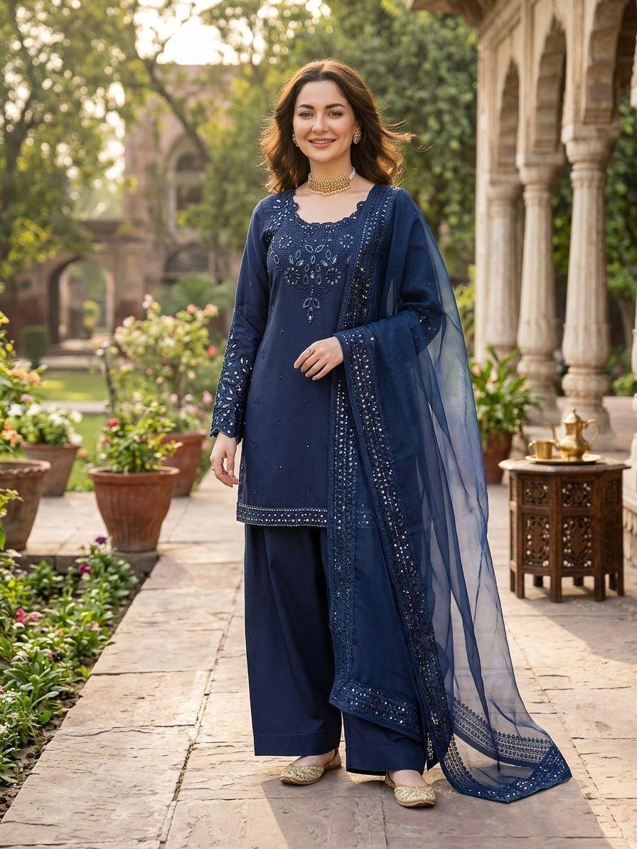 Deep Blue Natural Crepe Farshi Salwar Suit Set with Organza Silk Dupatta