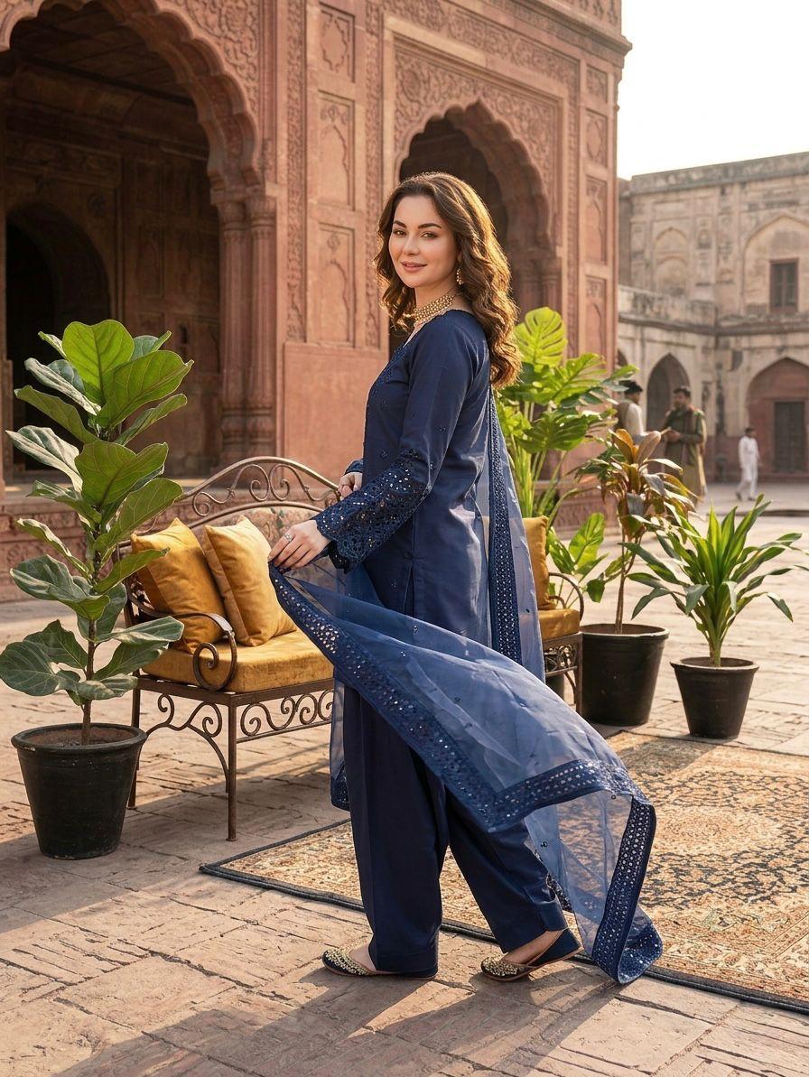 Deep Blue Natural Crepe Farshi Salwar Suit Set with Organza Silk Dupatta
