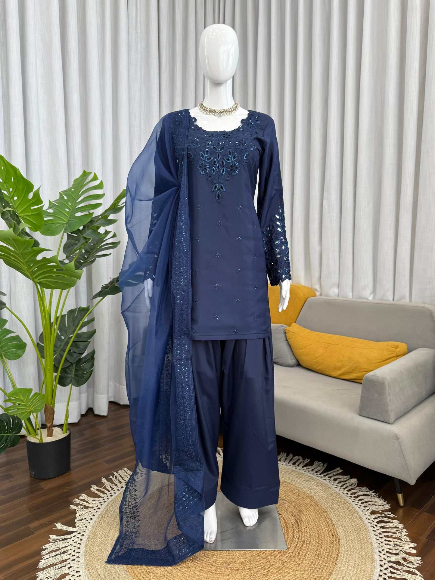 Deep Blue Natural Crepe Farshi Salwar Suit Set with Organza Silk Dupatta