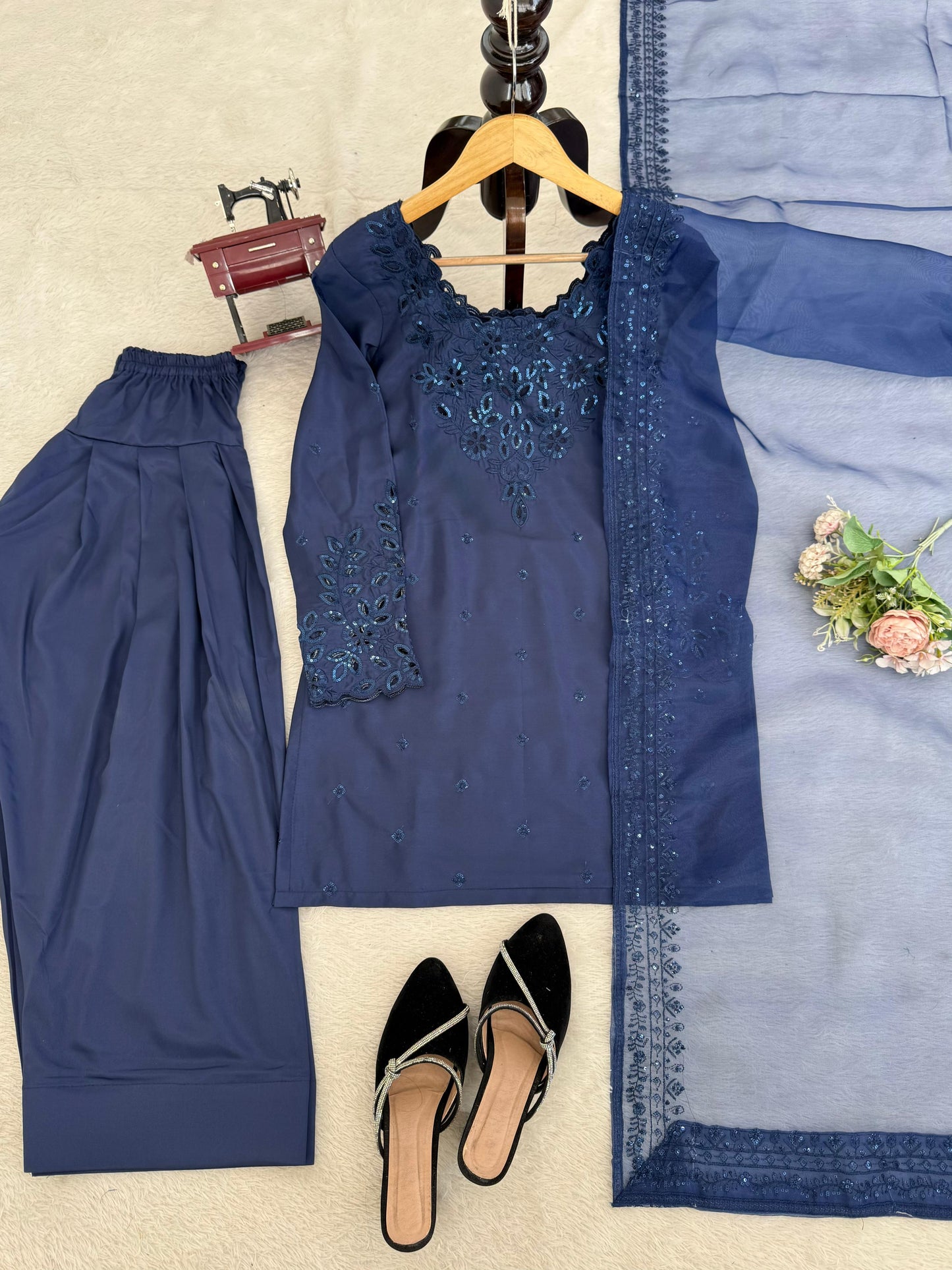 Deep Blue Natural Crepe Farshi Salwar Suit Set with Organza Silk Dupatta