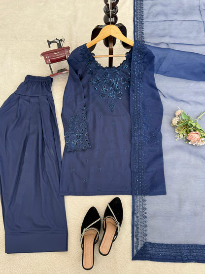 Deep Blue Natural Crepe Farshi Salwar Suit Set with Organza Silk Dupatta