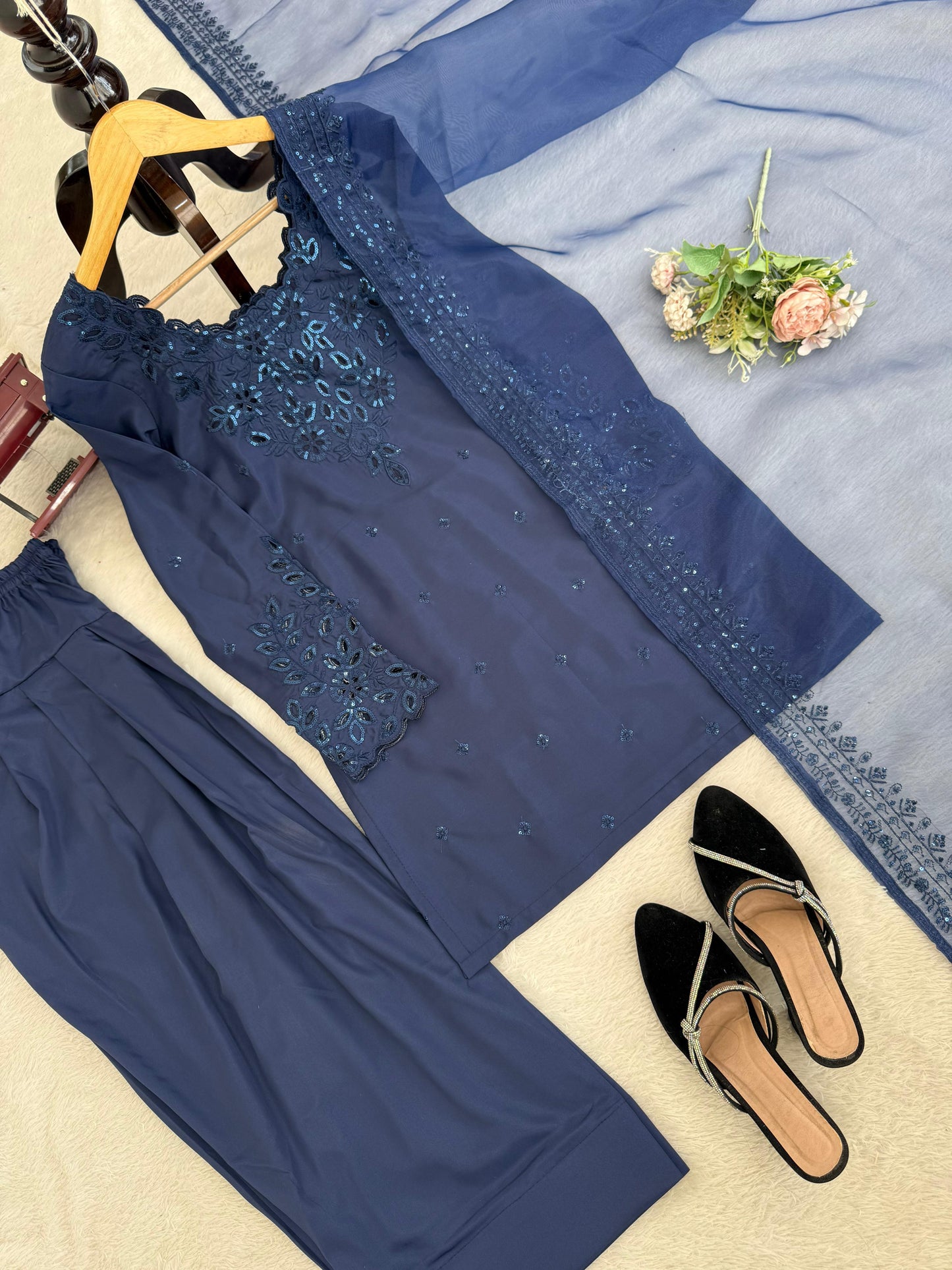 Deep Blue Natural Crepe Farshi Salwar Suit Set with Organza Silk Dupatta