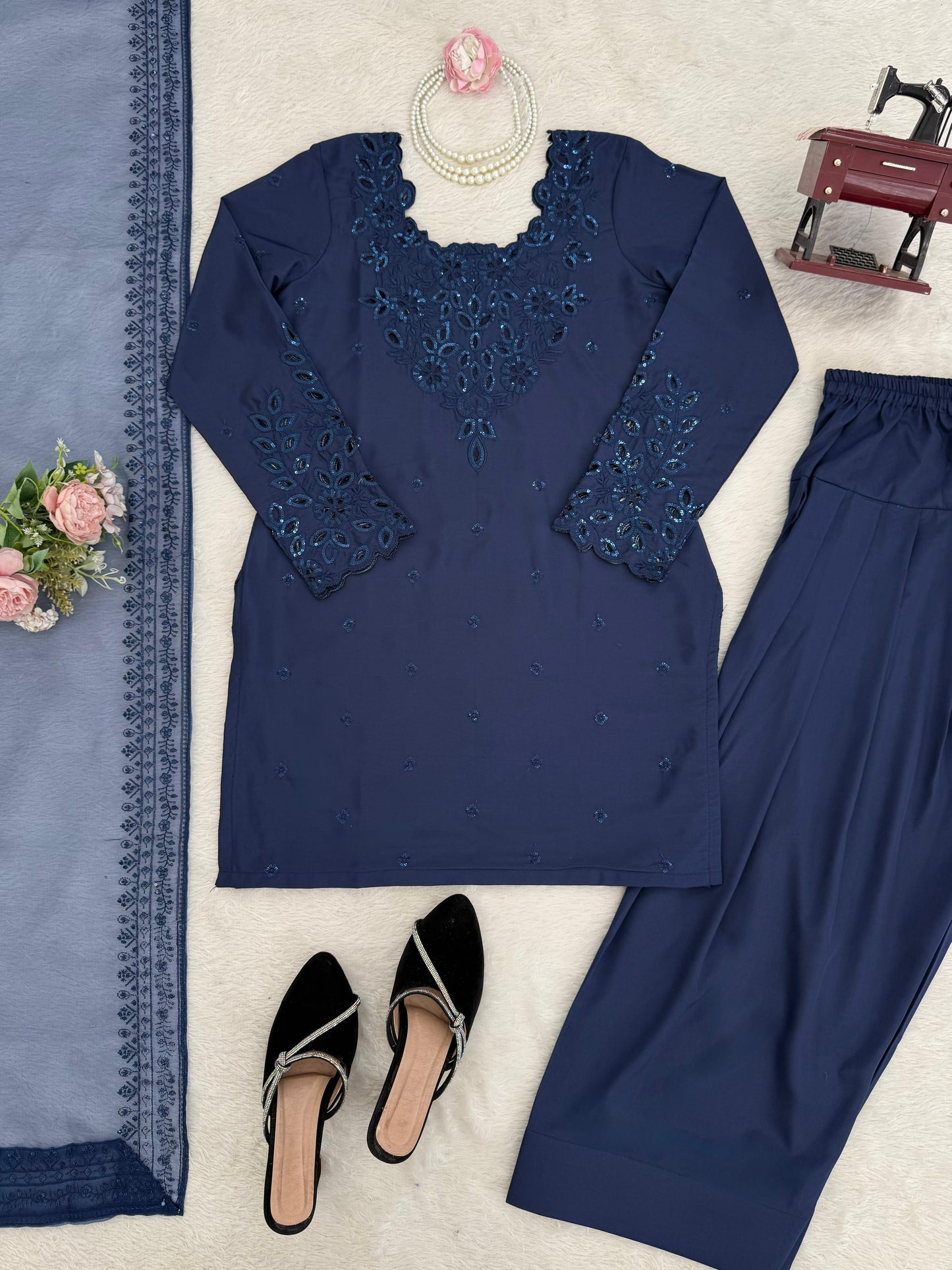 Deep Blue Natural Crepe Farshi Salwar Suit Set with Organza Silk Dupatta