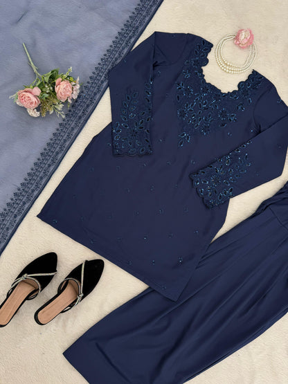 Deep Blue Natural Crepe Farshi Salwar Suit Set with Organza Silk Dupatta