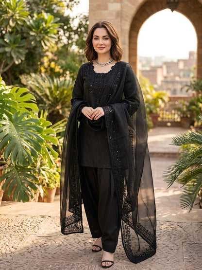 Black Natural Crepe Farshi Salwar Suit Set with Organza Silk Dupatta