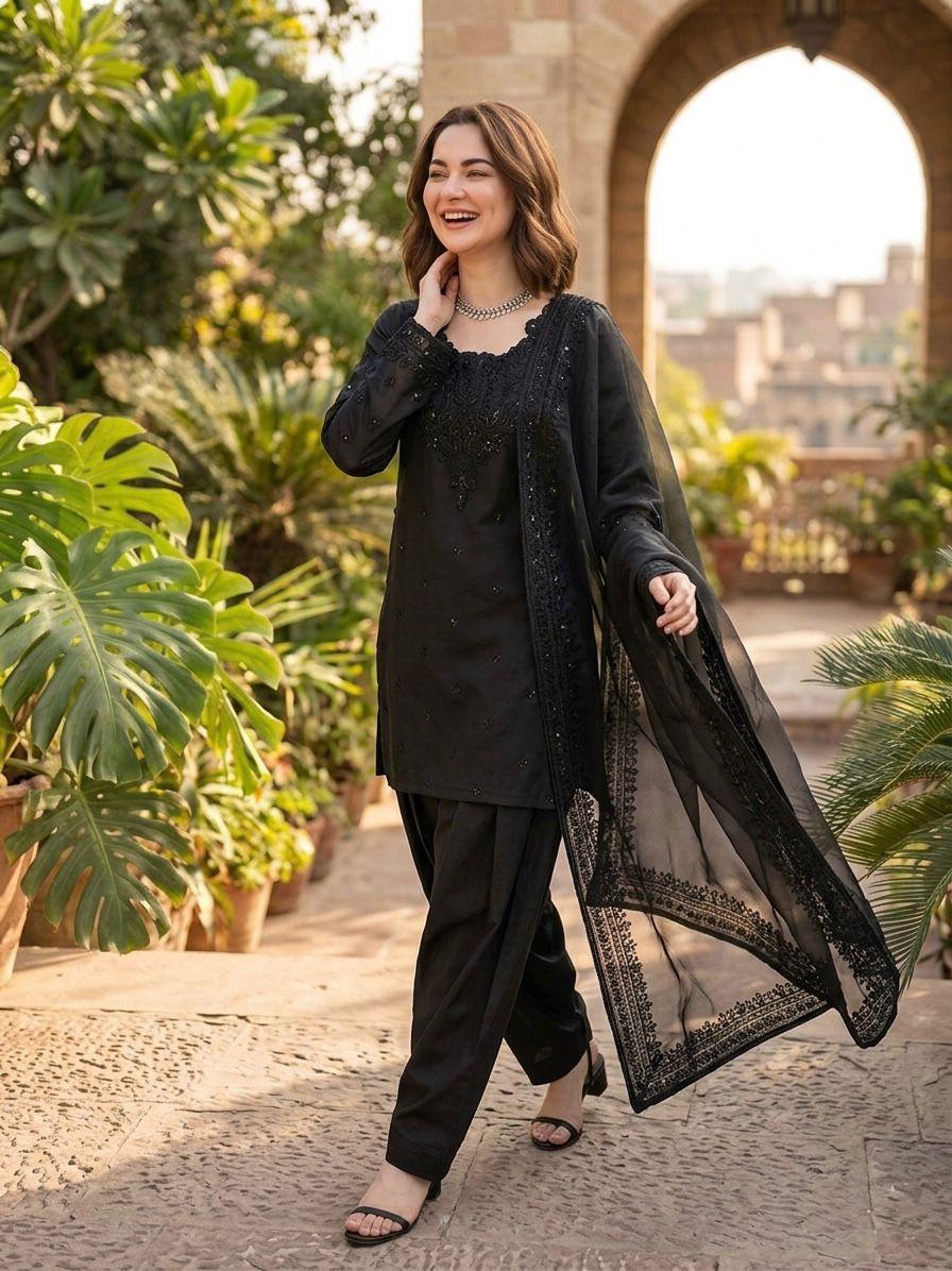 Black Natural Crepe Farshi Salwar Suit Set with Organza Silk Dupatta
