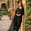 Black Natural Crepe Farshi Salwar Suit Set with Organza Silk Dupatta