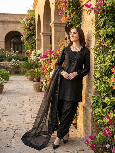 Black Natural Crepe Farshi Salwar Suit Set with Organza Silk Dupatta