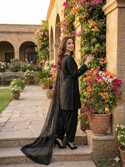 Black Natural Crepe Farshi Salwar Suit Set with Organza Silk Dupatta