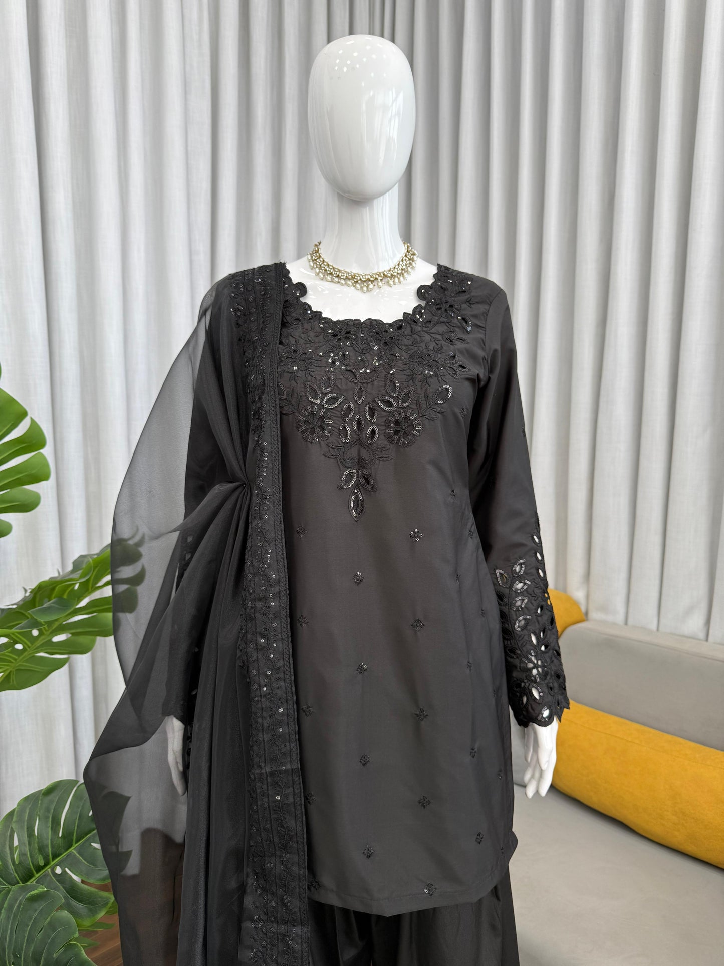 Black Natural Crepe Farshi Salwar Suit Set with Organza Silk Dupatta