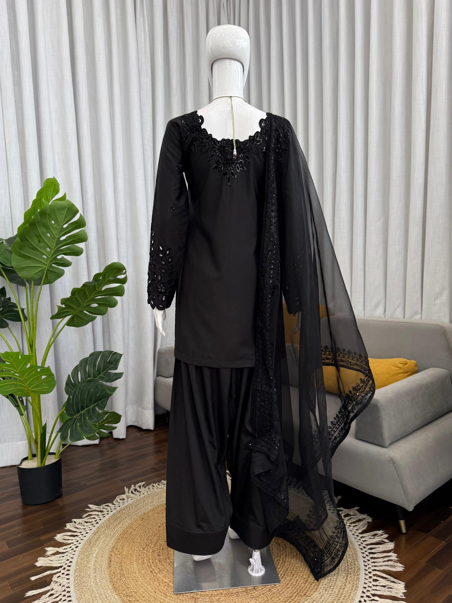 Black Natural Crepe Farshi Salwar Suit Set with Organza Silk Dupatta