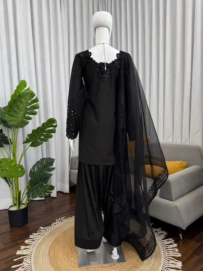 Black Natural Crepe Farshi Salwar Suit Set with Organza Silk Dupatta