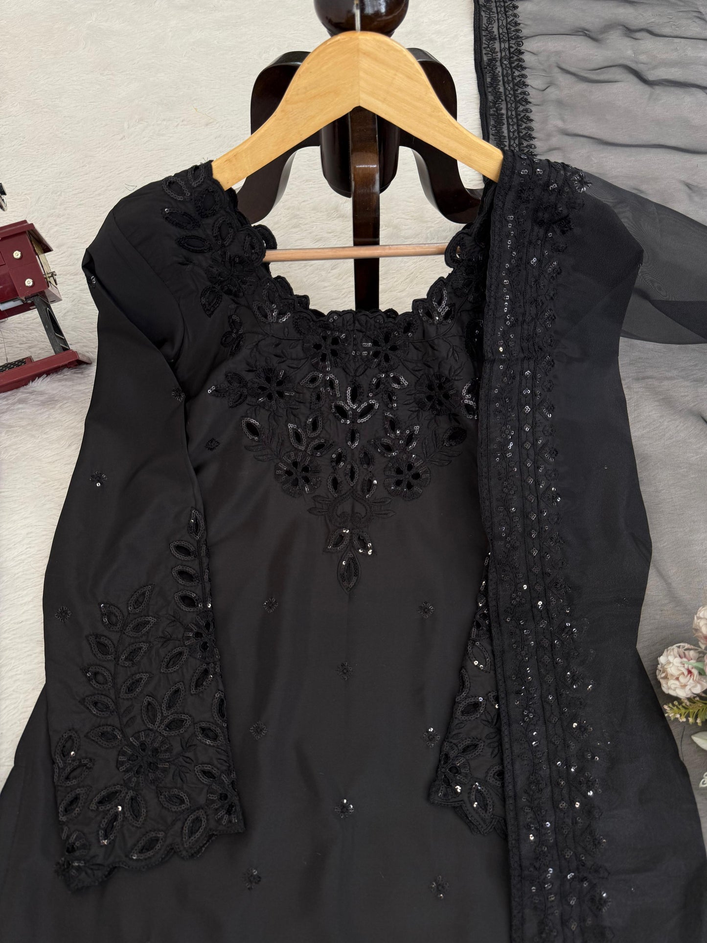 Black Natural Crepe Farshi Salwar Suit Set with Organza Silk Dupatta
