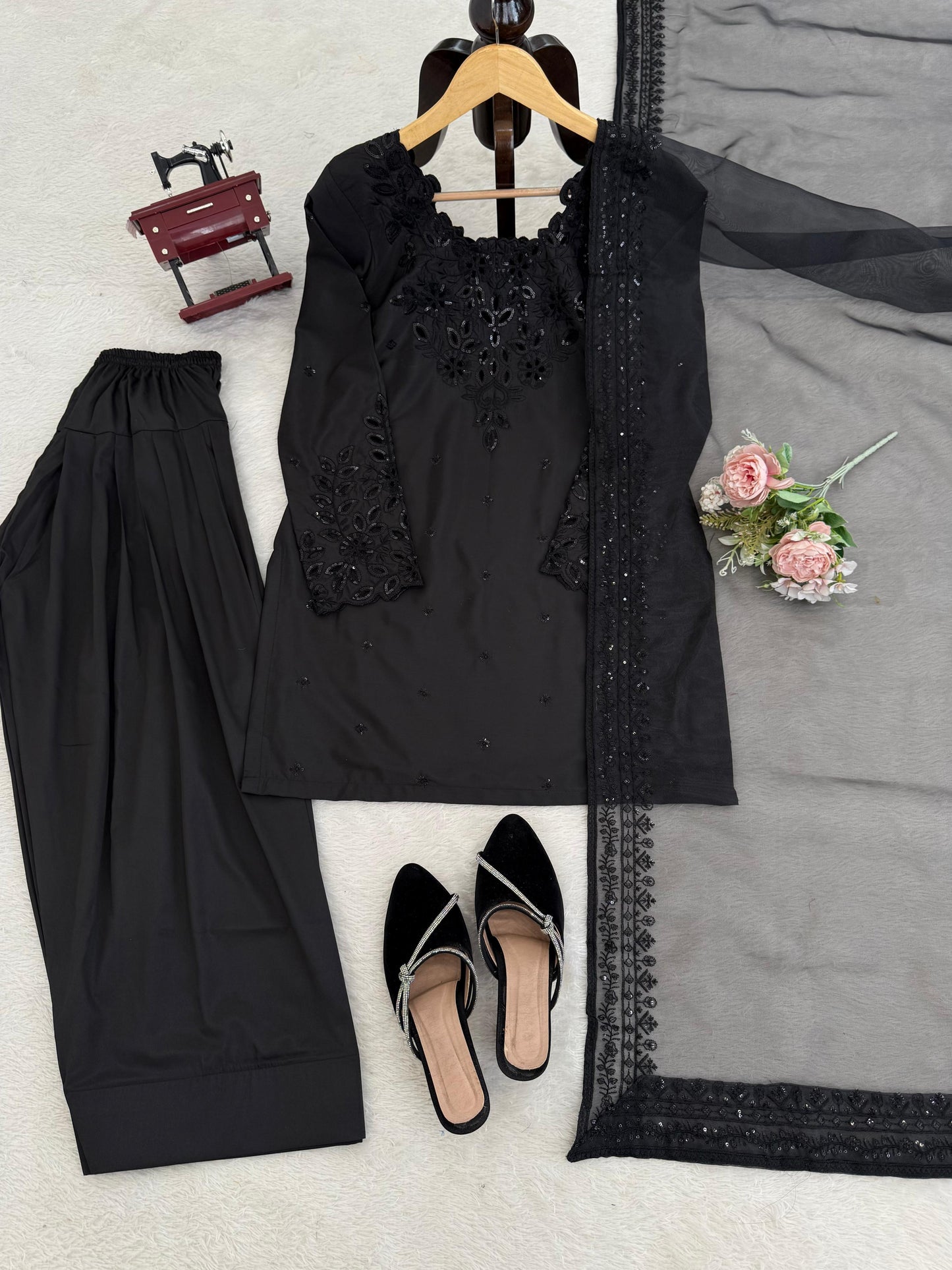 Black Natural Crepe Farshi Salwar Suit Set with Organza Silk Dupatta