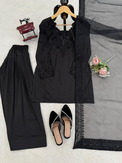 Black Natural Crepe Farshi Salwar Suit Set with Organza Silk Dupatta