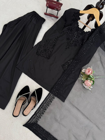 Black Natural Crepe Farshi Salwar Suit Set with Organza Silk Dupatta