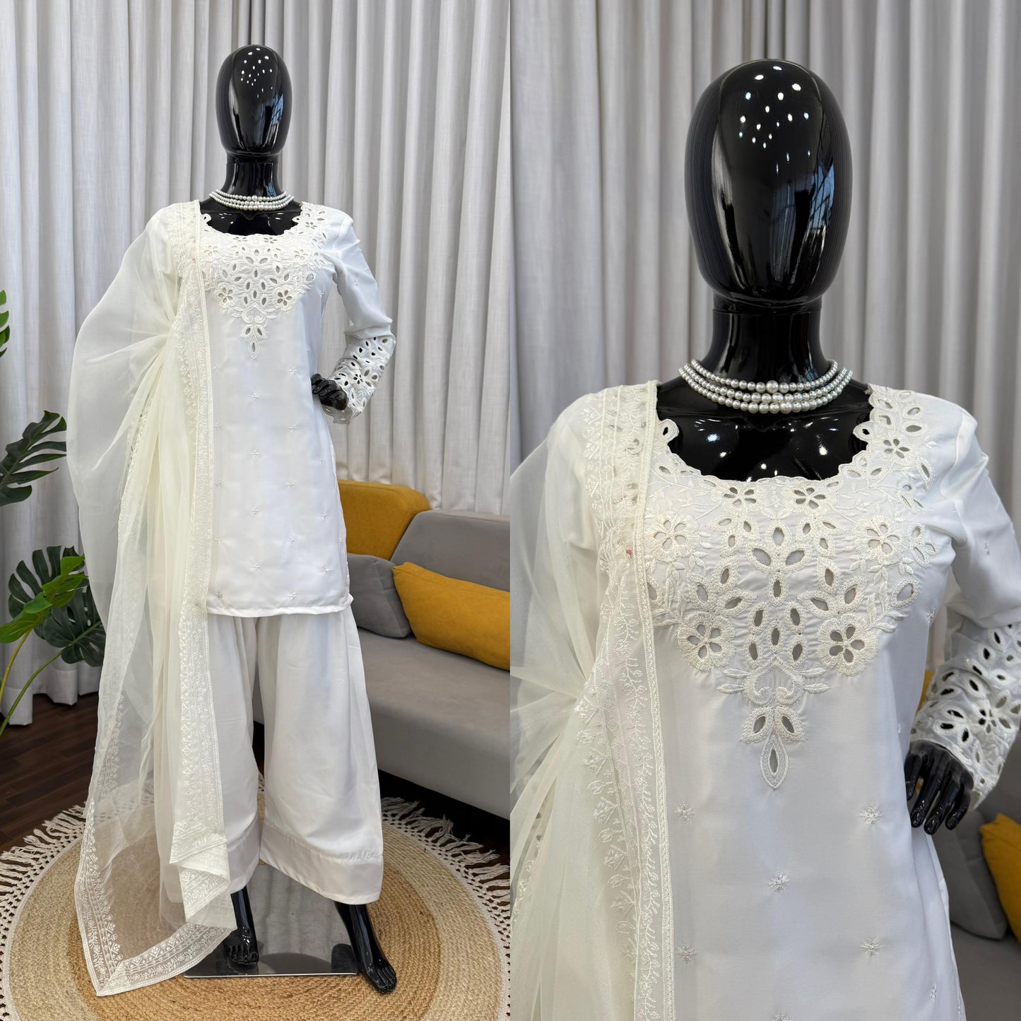 White Natural Crepe Farshi Salwar Suit Set with Organza Silk Dupatta
