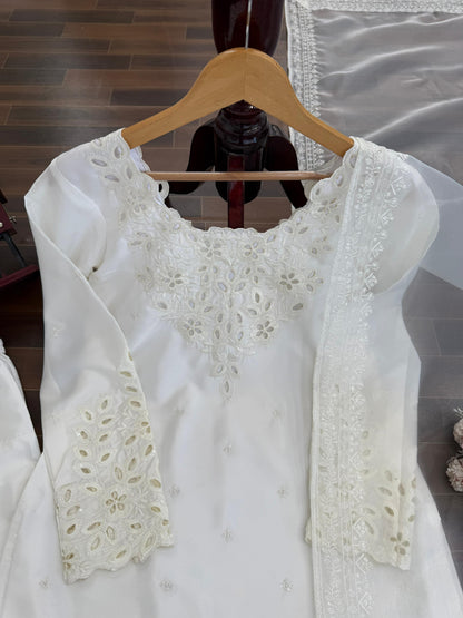 White Natural Crepe Farshi Salwar Suit Set with Organza Silk Dupatta