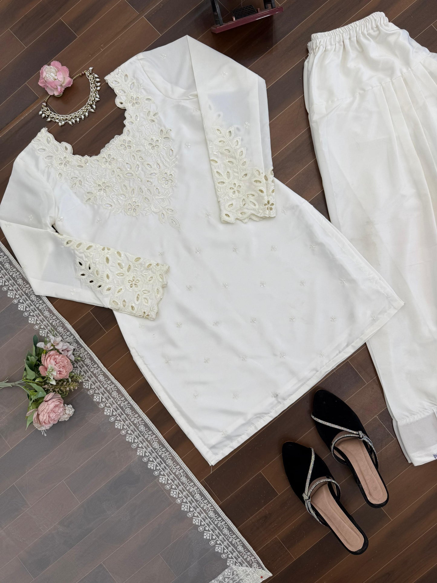 White Natural Crepe Farshi Salwar Suit Set with Organza Silk Dupatta
