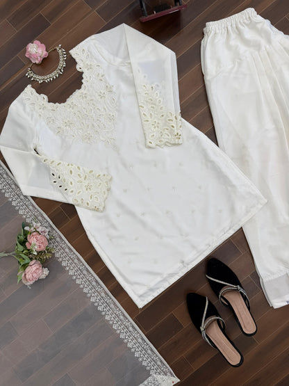 White Natural Crepe Farshi Salwar Suit Set with Organza Silk Dupatta