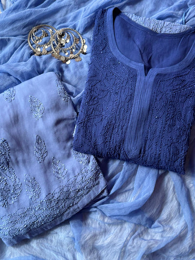 Dusty Blue Elegant Viscose Lucknow Chikankari Handwork Ensemble (New)
